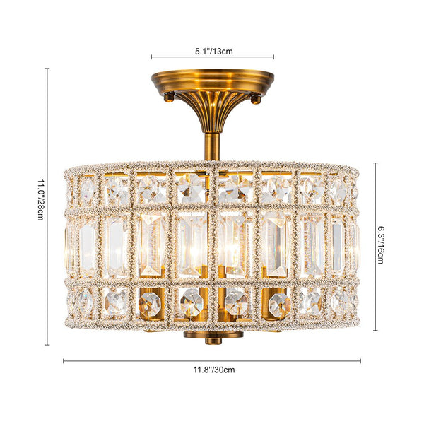 Thehouselights - 3 - Light Brass Crystal Drum Flush Mount Chandelier - Ceiling Light - Brass - 