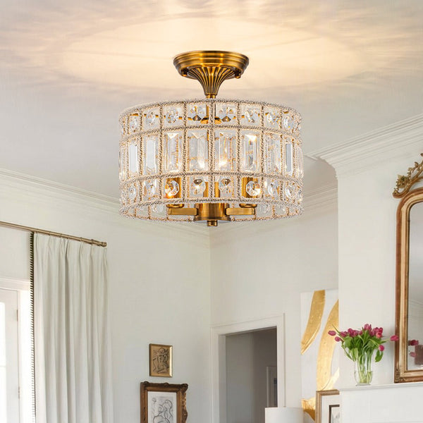 Thehouselights - 3 - Light Brass Crystal Drum Flush Mount Chandelier - Ceiling Light - Brass - 