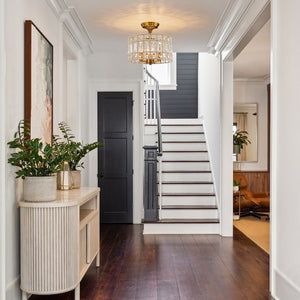 Thehouselights - 3 - Light Brass Crystal Drum Flush Mount Chandelier - Ceiling Light - Brass - 