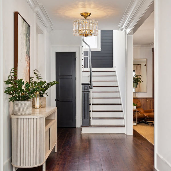 Thehouselights - 3 - Light Brass Crystal Drum Flush Mount Chandelier - Ceiling Light - Brass - 