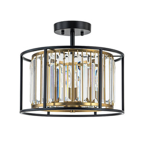 Thehouselights - 3 - Light Cage Crystal Glass Drum Semi Flush Ceiling Light - Ceiling Light - Black - 