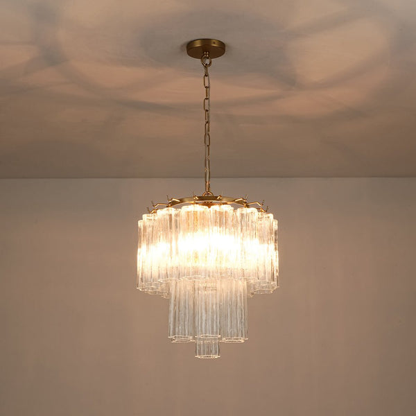 Thehouselights - 3 - Light Glass Textured Tube Two - Tiered Chandelier - Chandelier - Brass - 