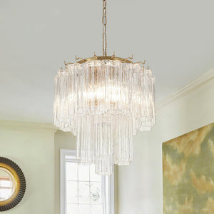 Thehouselights - 3 - Light Glass Textured Tube Two - Tiered Chandelier - Chandelier - Brass - 