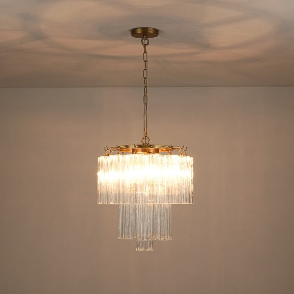 Thehouselights - 3 - Light Glass Textured Tube Two - Tiered Chandelier - Chandelier - Brass - 
