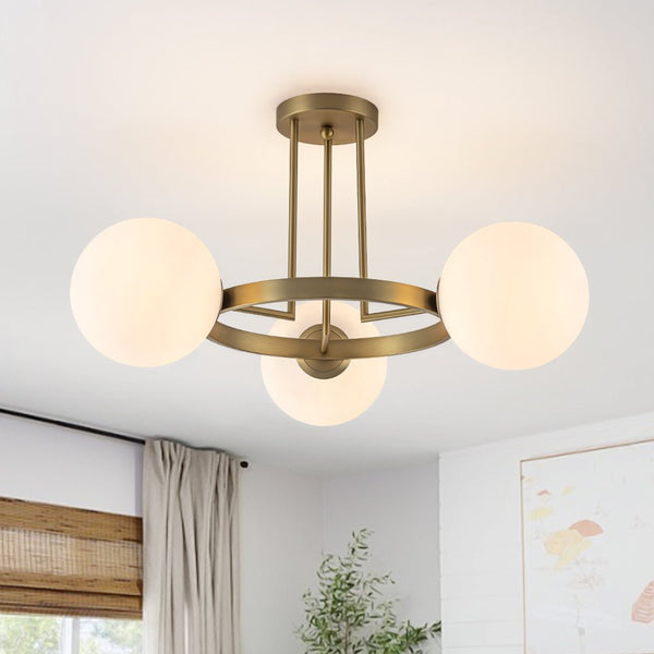 Thehouselights - 3 - Light Opal Glass Globe Semi Flush Mount - Chandelier - Brass - 