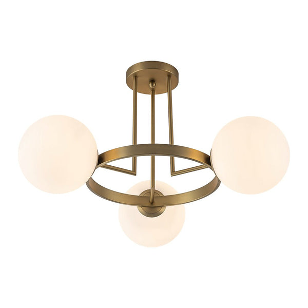 Thehouselights - 3 - Light Opal Glass Globe Semi Flush Mount - Chandelier - Brass - 