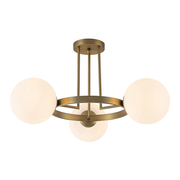 Thehouselights - 3 - Light Opal Glass Globe Semi Flush Mount - Chandelier - Brass - 