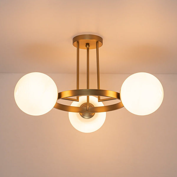 Thehouselights - 3 - Light Opal Glass Globe Semi Flush Mount - Chandelier - Brass - 