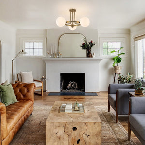 Thehouselights - 3 - Light Opal Glass Globe Semi Flush Mount - Chandelier - Brass - 