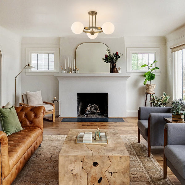 Thehouselights - 3 - Light Opal Glass Globe Semi Flush Mount - Chandelier - Brass - 