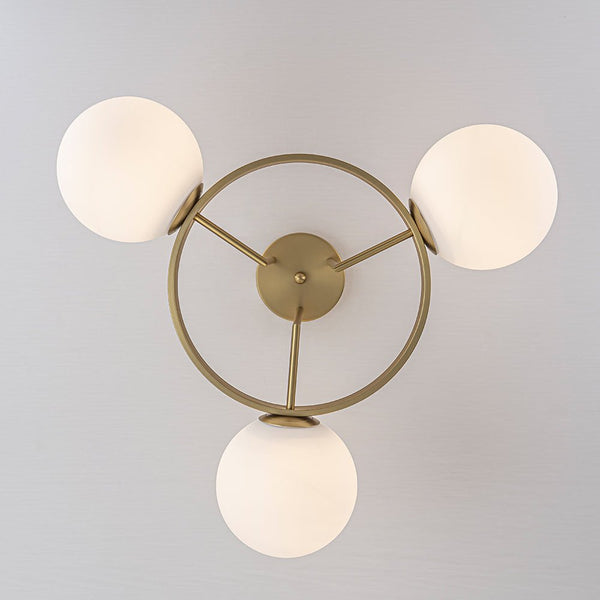 Thehouselights - 3 - Light Opal Glass Globe Semi Flush Mount - Chandelier - Brass - 