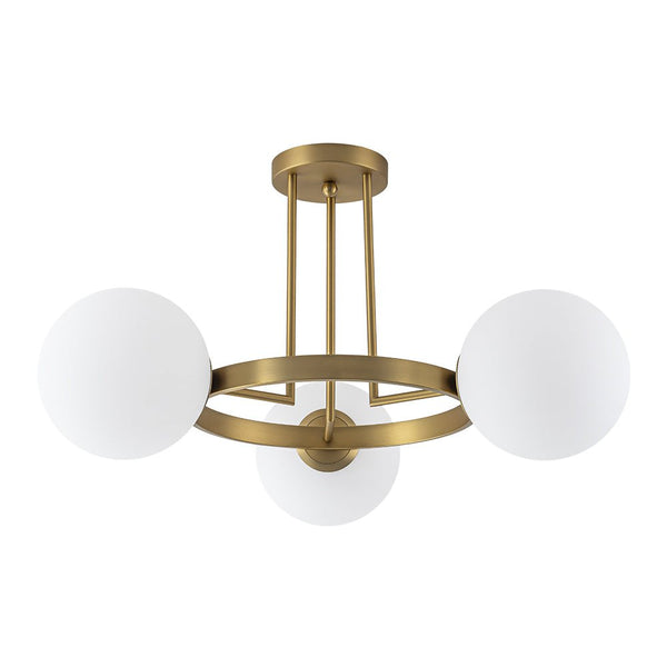 Thehouselights - 3 - Light Opal Glass Globe Semi Flush Mount - Chandelier - Brass - 