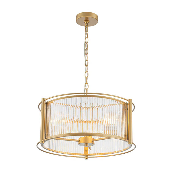 Thehouselights - 3 - Light Ribbed Glass Drum Pendant Light - Chandelier - Brass - 