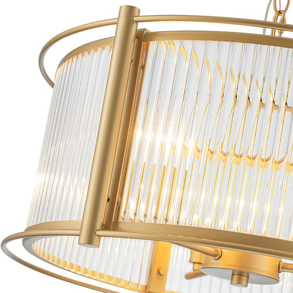 Thehouselights - 3 - Light Ribbed Glass Drum Pendant Light - Chandelier - Brass - 