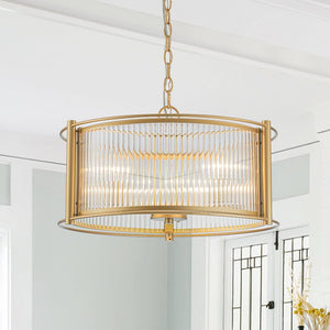 Thehouselights - 3 - Light Ribbed Glass Drum Pendant Light - Chandelier - Brass - 