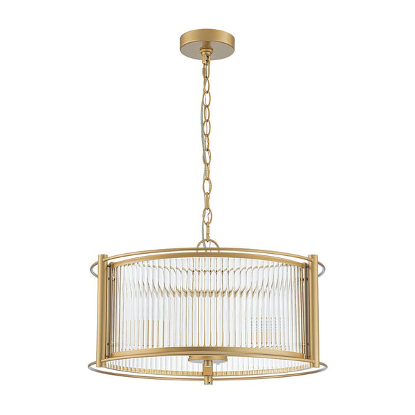 Thehouselights - 3 - Light Ribbed Glass Drum Pendant Light - Chandelier - Brass - 