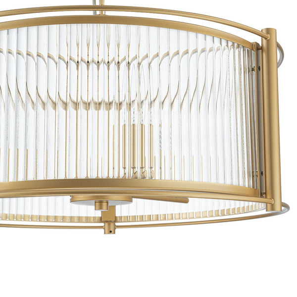 Thehouselights - 3 - Light Ribbed Glass Drum Pendant Light - Chandelier - Brass - 