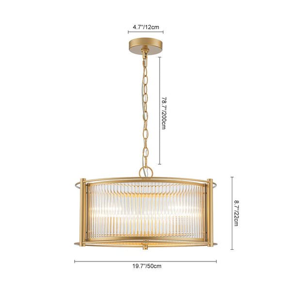 Thehouselights - 3 - Light Ribbed Glass Drum Pendant Light - Chandelier - Brass - 