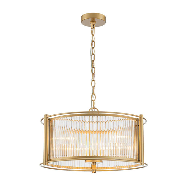 Thehouselights - 3 - Light Ribbed Glass Drum Pendant Light - Chandelier - Brass - 