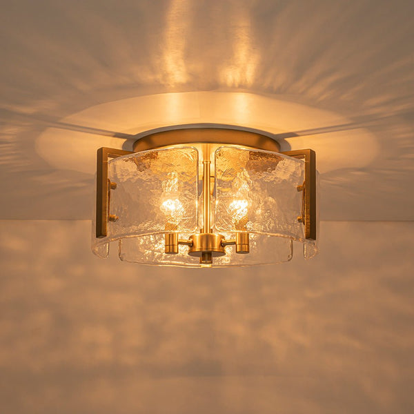 Thehouselights-3-Light Textured Glass Brass Drum Semi Flush Mount-Ceiling Light-Brass-
