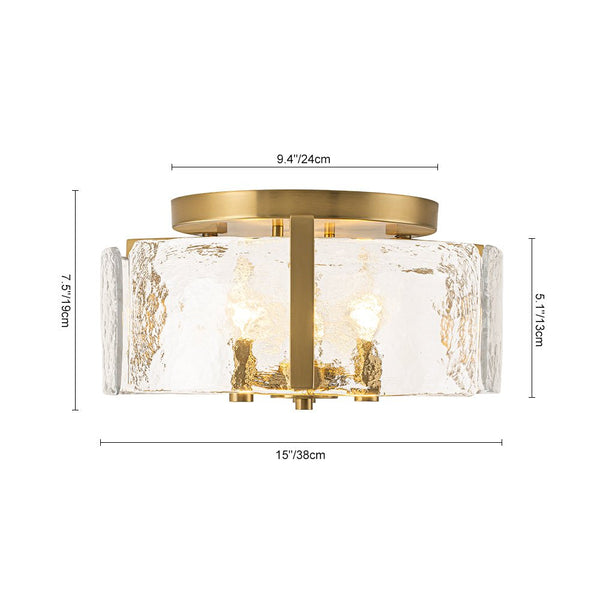 Thehouselights-3-Light Textured Glass Brass Drum Semi Flush Mount-Ceiling Light-Brass-
