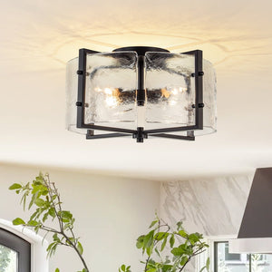 Thehouselights - 4 - Light Clear Textured Glass Flush Mount Ceiling - Ceiling Light - Black - 