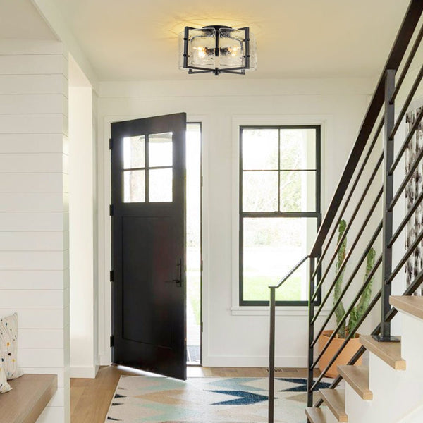 Thehouselights - 4 - Light Clear Textured Glass Flush Mount Ceiling - Ceiling Light - Black - 