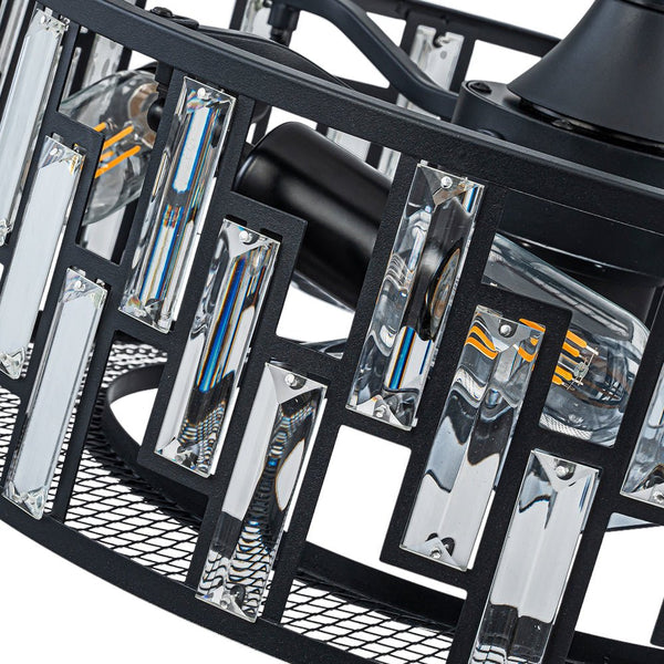 Thehouselights-4-Light Crystal Cage Semi Flush Mount Ceiling Fan-Ceiling Light-Black-
