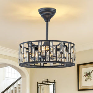 Thehouselights-4-Light Crystal Cage Semi Flush Mount Ceiling Fan-Ceiling Light-Black-
