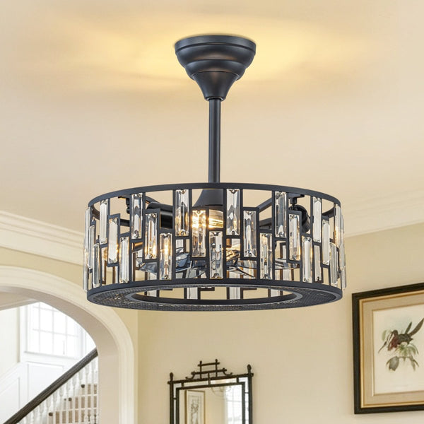 Thehouselights-4-Light Crystal Cage Semi Flush Mount Ceiling Fan-Ceiling Light-Black-