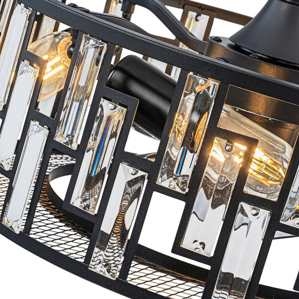Thehouselights-4-Light Crystal Cage Semi Flush Mount Ceiling Fan-Ceiling Light-Black-