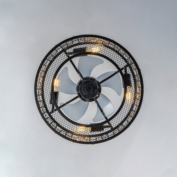 Thehouselights-4-Light Crystal Cage Semi Flush Mount Ceiling Fan-Ceiling Light-Black-