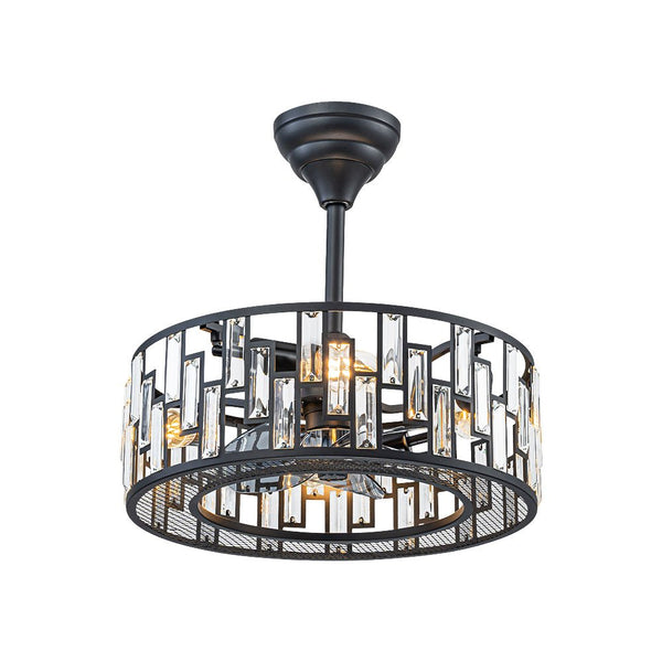 Thehouselights-4-Light Crystal Cage Semi Flush Mount Ceiling Fan-Ceiling Light-Black-