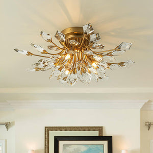 Thehouselights - 4 - Light Crystal Leaf Semi Flush Mount - Chandelier - Brass - 