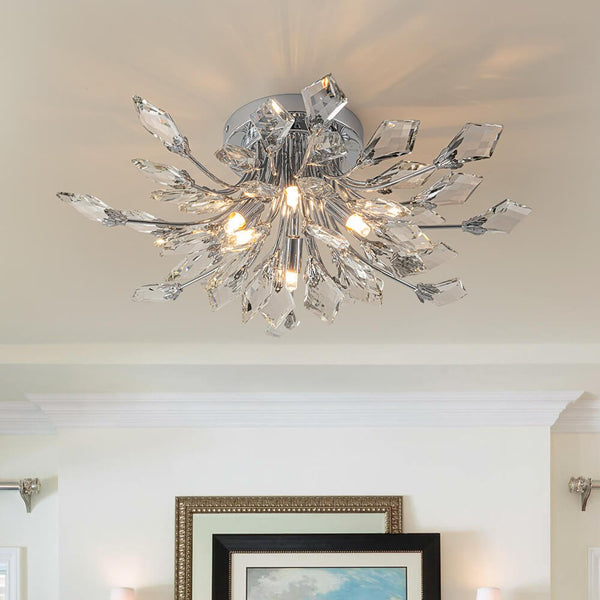 Thehouselights - 4 - Light Crystal Leaf Semi Flush Mount - Chandelier - Nickel - 