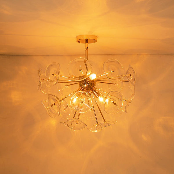 Thehouselights-4-Light Glass Sunburst Sputnik Semi-Flush Mount Chandelier-Ceiling Light-Gold-