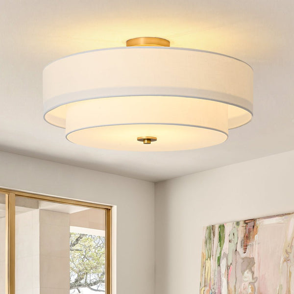 Thehouselights - 4 - Light Linen Drum Flush Mount Ceiling - Ceiling Light - Brass - 