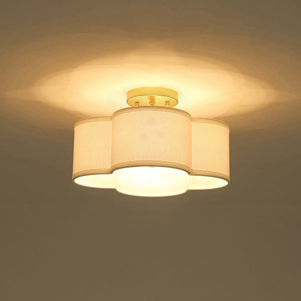 Thehouselights-4-Light Linen Drum Semi Flush Mount-Ceiling Light-Brass-