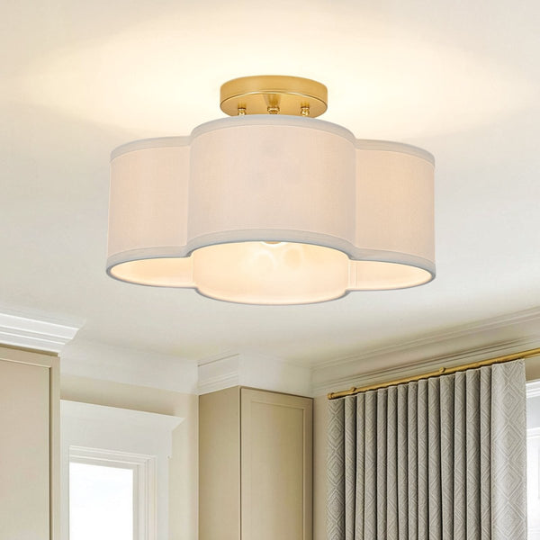 Thehouselights-4-Light Linen Drum Semi Flush Mount-Ceiling Light-Brass-