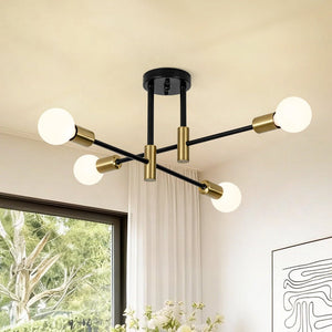 Thehouselights - 4 - Light Minimalist Sputnik Semi Flush Light - Chandelier - Black+Brass - 