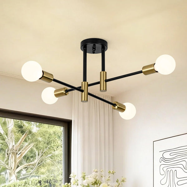 Thehouselights - 4 - Light Minimalist Sputnik Semi Flush Light - Chandelier - Black+Brass - 