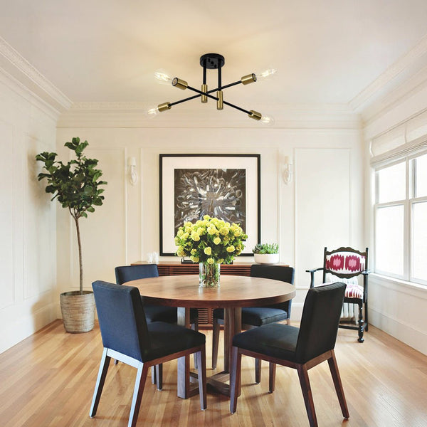 Thehouselights - 4 - Light Minimalist Sputnik Semi Flush Light - Chandelier - Black+Brass - 