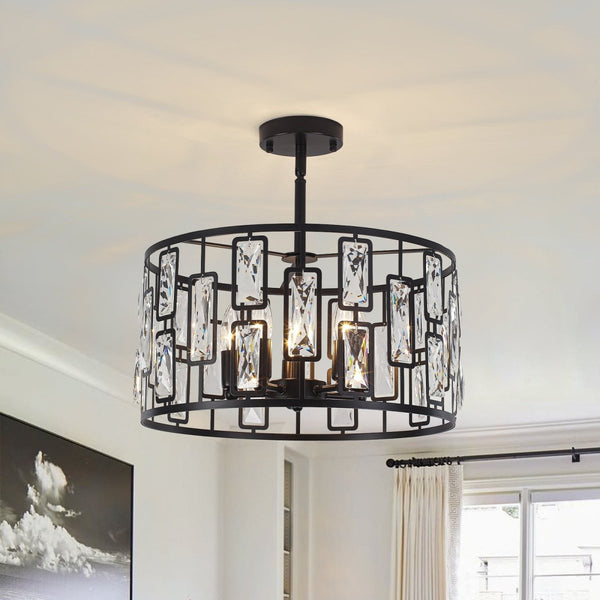 Thehouselights-5-Light Crystal Cage Semi Flush Mount Ceiling Light-Ceiling Light-Black-