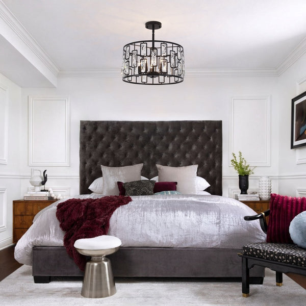 Thehouselights-5-Light Crystal Cage Semi Flush Mount Ceiling Light-Ceiling Light-Black-