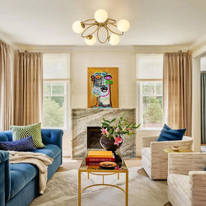 Thehouselights - 5 - Light Opal Glass Ring Sputnik Bubble Semi Flush Chandelier - Chandelier - Brass - 