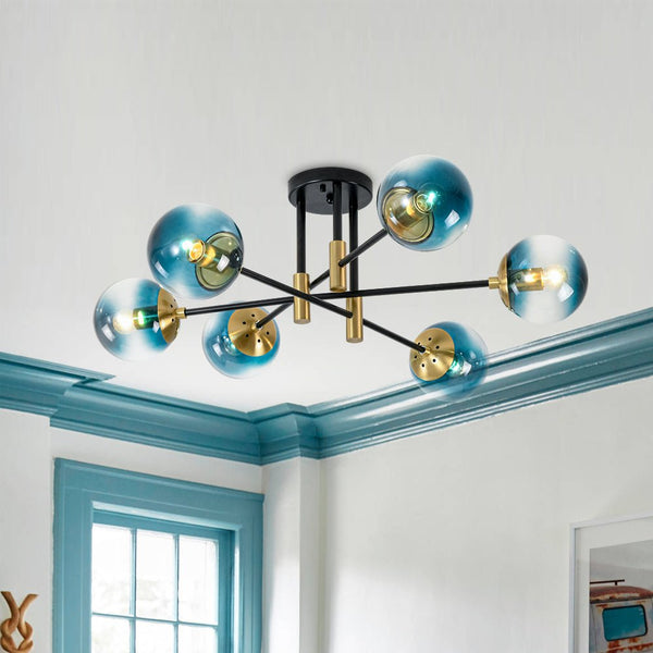 Thehouselights - 6 - Light Glass Bubble Sputnik Semi Flush Chandelier - Chandelier - Blue Glass - 