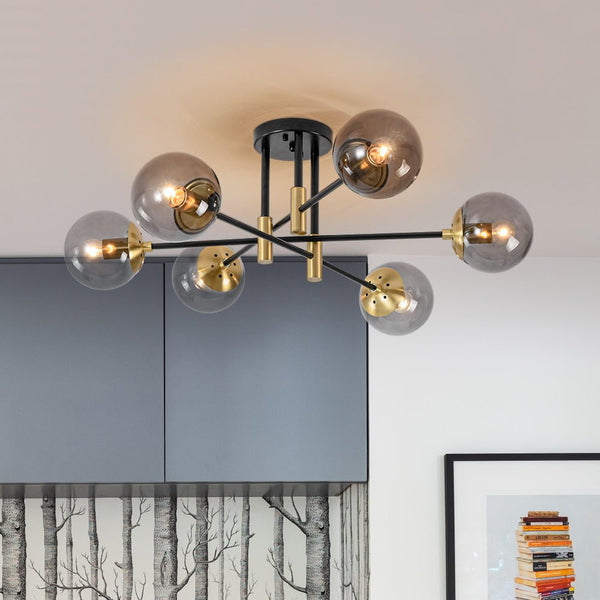Thehouselights - 6 - Light Glass Bubble Sputnik Semi Flush Chandelier - Chandelier - Smoky Gray Glass - 