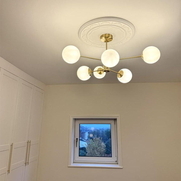 Thehouselights - 6/8/12 - Light Mid - Century Modern Opal White Glass Globe Chandelier - Chandelier - 6 - Light - 