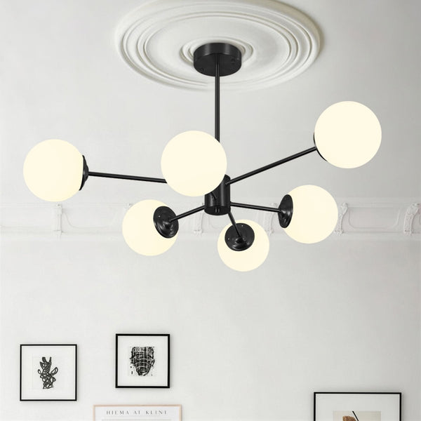 Thehouselights-6/8/12-Light Mid-Century Modern Opal White Glass Globe Chandelier-Chandelier-6-Light-Black(Special Offer)