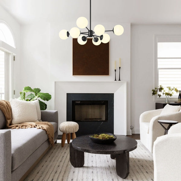 Thehouselights-6/8/12-Light Mid-Century Modern Opal White Glass Globe Chandelier-Chandelier-8-Light-Black(Special Offer)